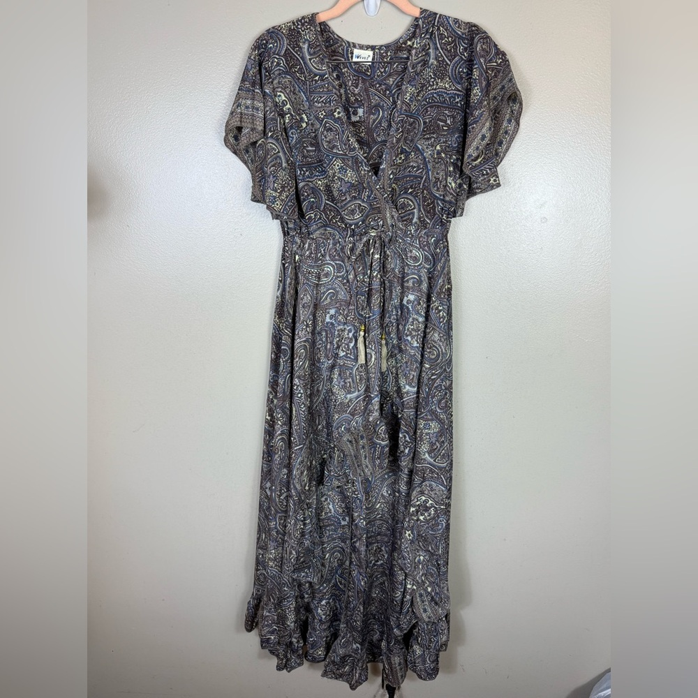 Wevez 100% Silk Paisley Maxi Dress Free Size Blue‎ Brown Boho High Low Hem